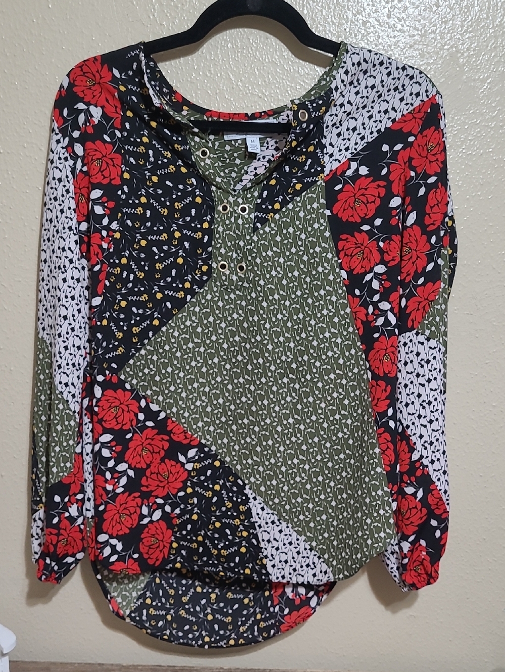 libby. edelman Patchwork Grommet Neck Blouse in Red, Olive & Black